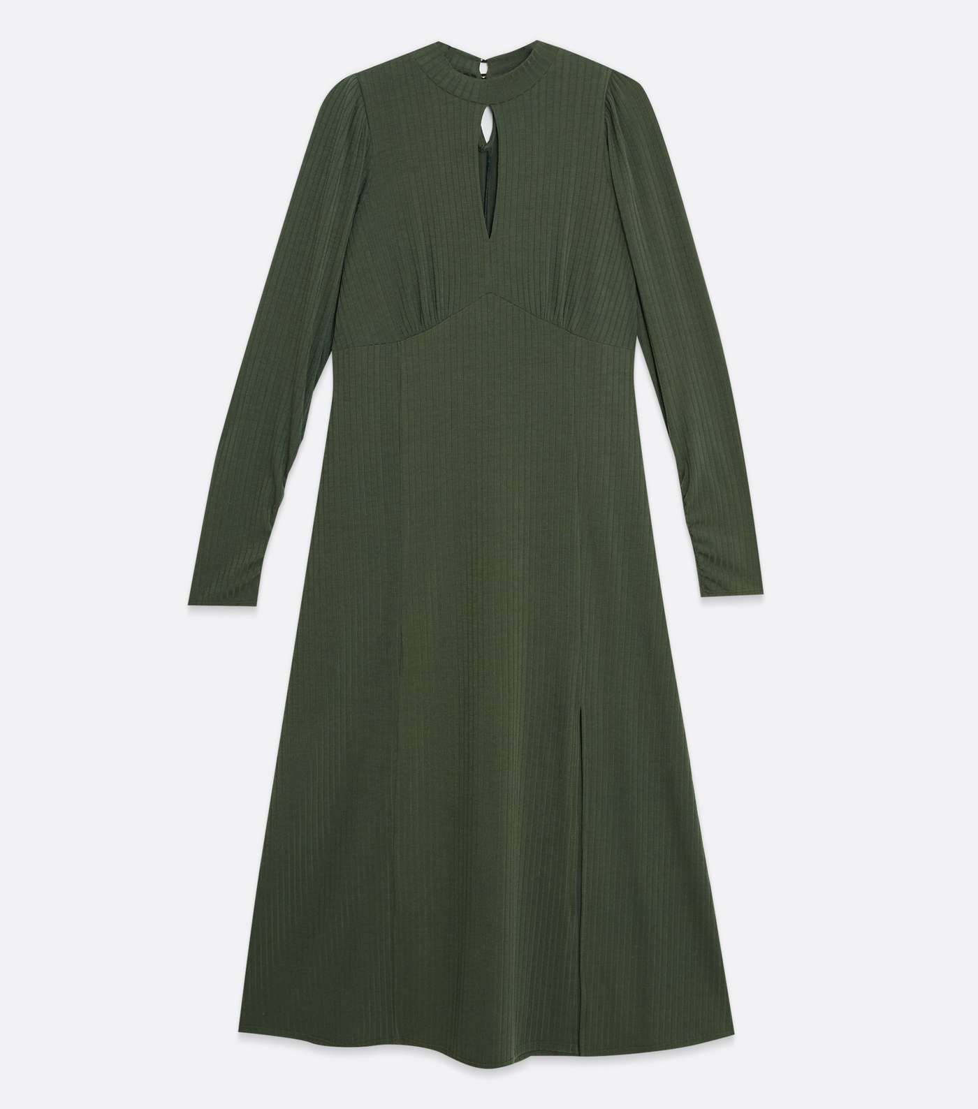 Olive Ribbed Keyhole Long Sleeve Midi Dress Image 5