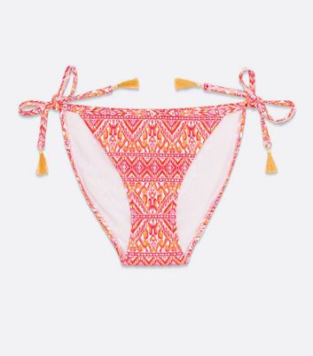 Pink Geometric Tassel Tie Side Bikini Bottoms New Look