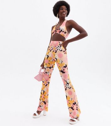 Psychedelic Tall Orange Floral Flared Trousers New Look