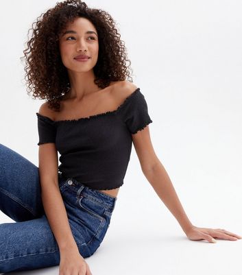 Black Shirred Bardot Crop Top | New Look