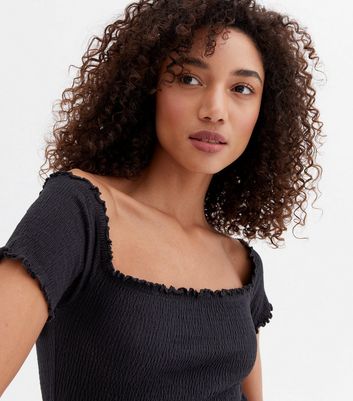 Click to view product details and reviews for Black Shirred Bardot Crop Top New Look.