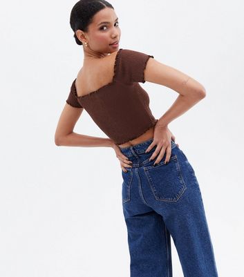 Dark Brown Shirred Bardot Crop Top New Look