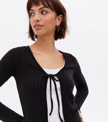 Black Pointelle Fine Knit Tie Front 