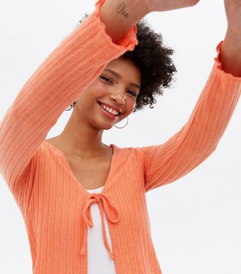New Look Women's Coral Pointelle Fine Knit Tie Front Cardigan - UK 14
