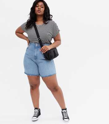 Curves Bright Blue Denim Raw Hem Bermuda Shorts