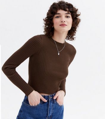 Brown Ribbed Crew Neck Crop Jumper New Look