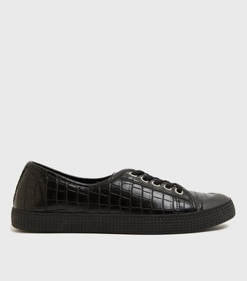 Click to view product details and reviews for Black Faux Croc Lace Up Trainers New Look Vegan.