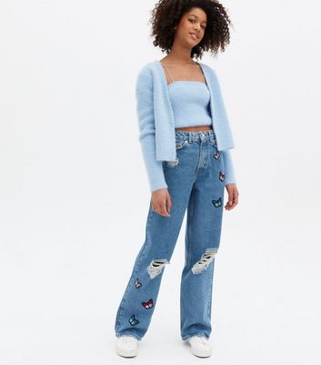 Girls Blue Ripped Butterfly High Waist 