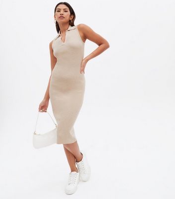 Camel Knit Sleeveless Polo Collared 