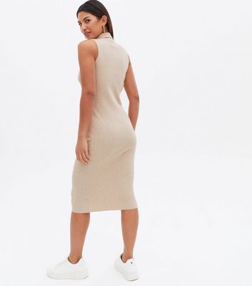 Camel Knit Sleeveless Polo Collared Midi Dress New Look