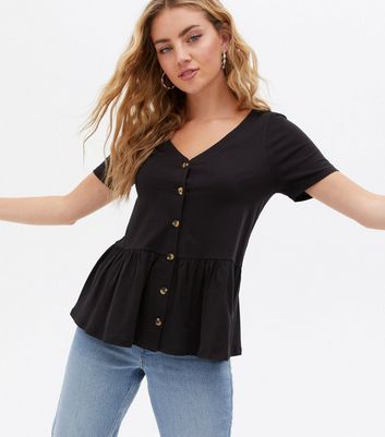 Click to view product details and reviews for Black V Neck Button Front Peplum T Shirt New Look.