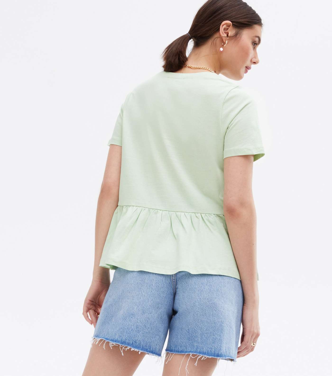 Light Green V Neck Button Front Peplum T-Shirt Image 4