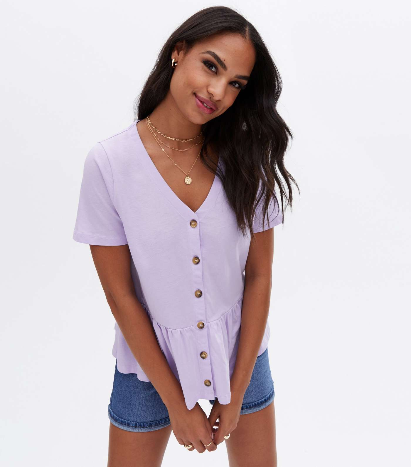 Lilac V Neck Button Front Peplum T-Shirt