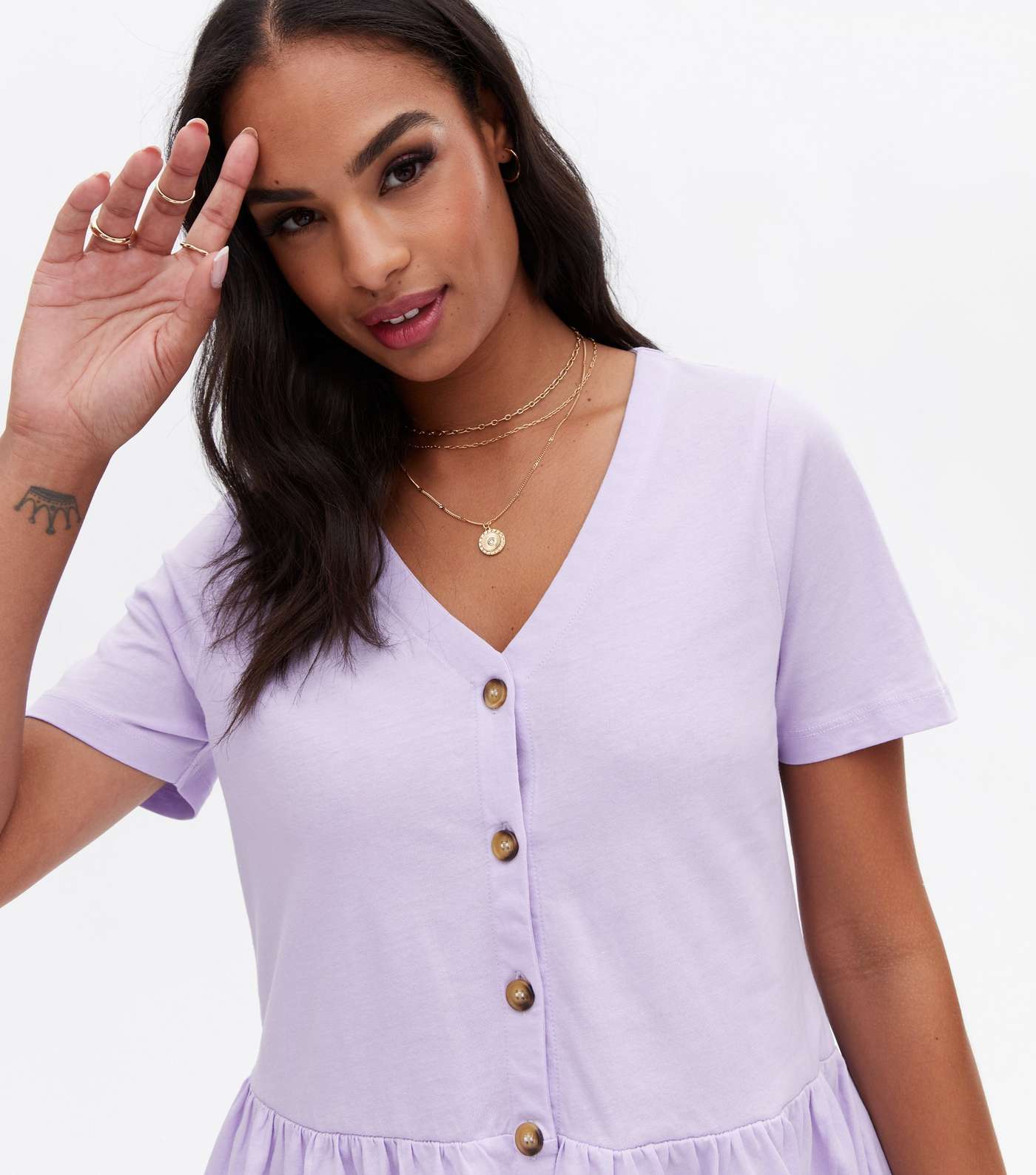 Lilac V Neck Button Front Peplum T-Shirt Image 3