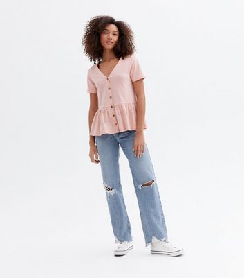 Pink V Neck Button Front Peplum T-Shirt 