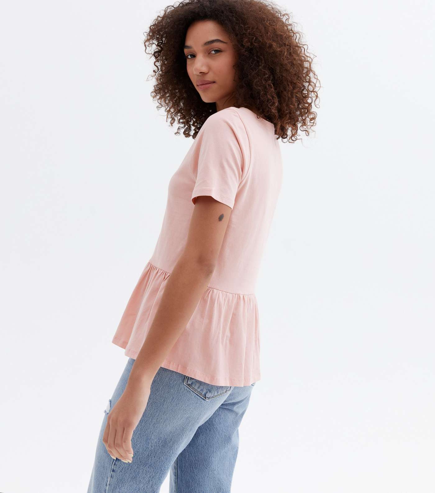 Pink V Neck Button Front Peplum T-Shirt Image 4