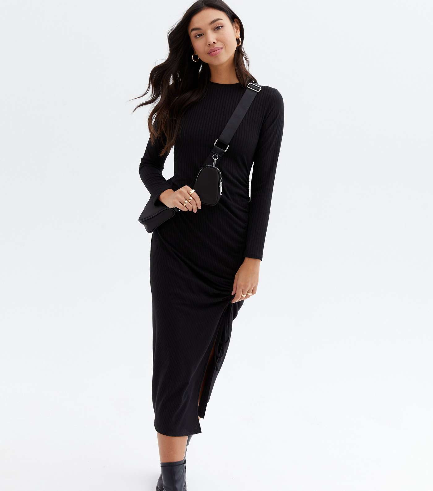 Black Ribbed Jersey Ruched Side Midi Dress Image 2