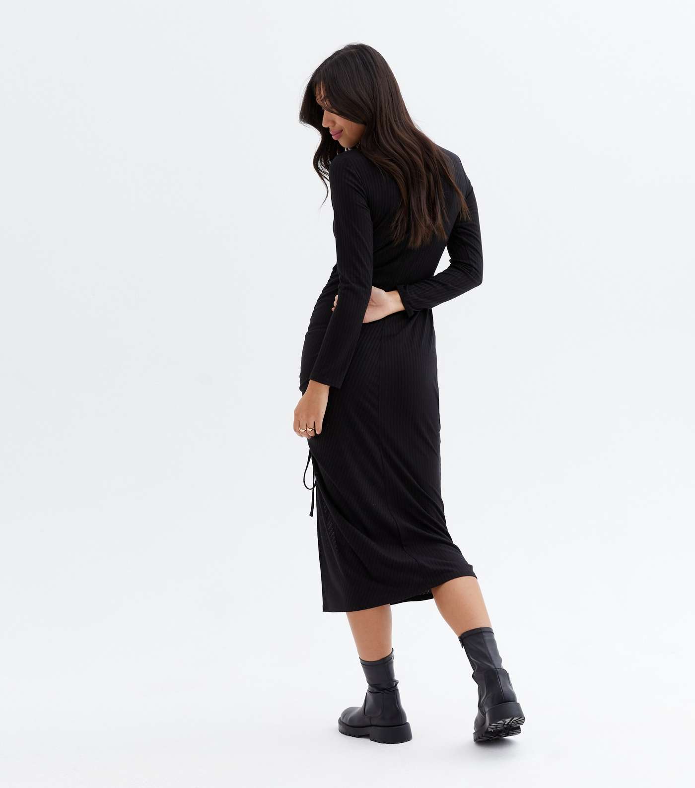 Black Ribbed Jersey Ruched Side Midi Dress Image 4