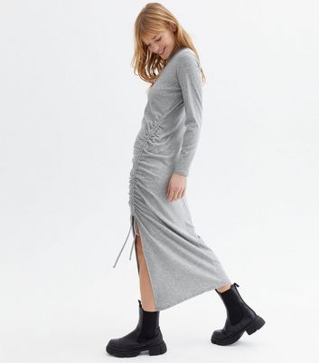 Click to view product details and reviews for Grey Ribbed Jersey Ruched Side Midi Dress New Look.