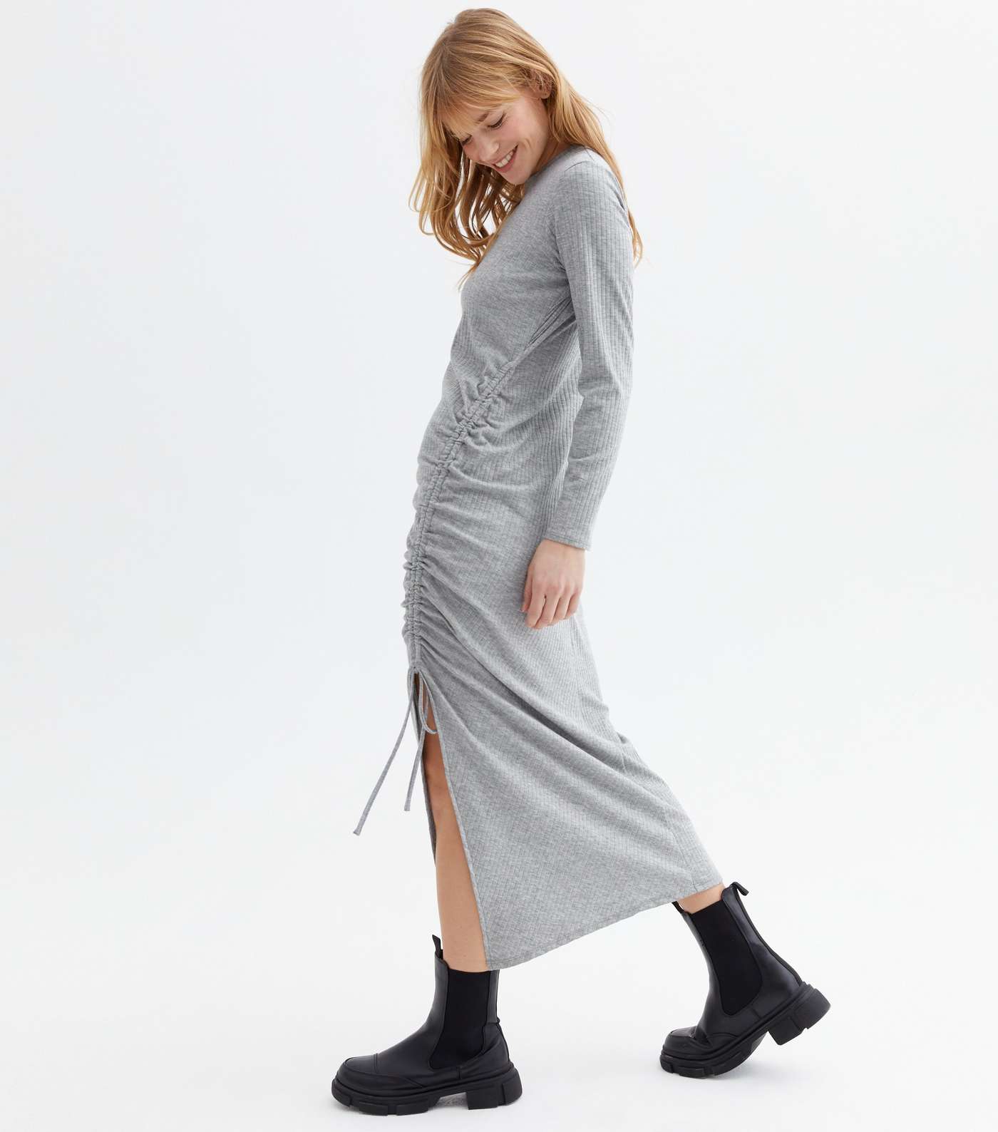 Grey Ribbed Jersey Ruched Side Midi Dress Image 2