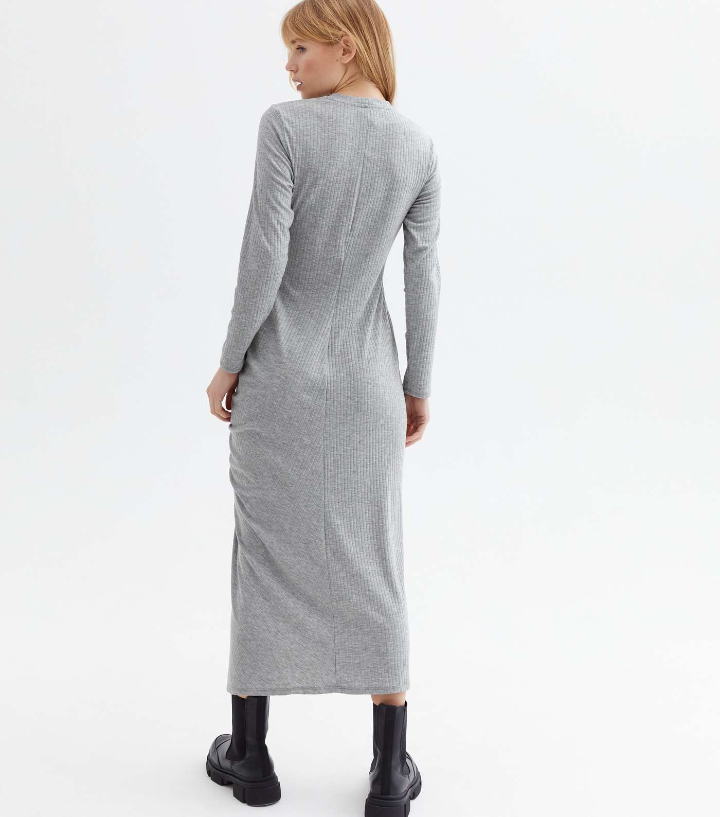 Grey Ribbed Jersey Ruched Side Midi Dress Image 4
