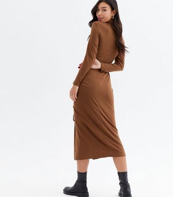 Click to view product details and reviews for Dark Brown Ribbed Ruched Side Midi Dress New Look.