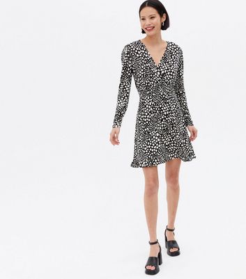 Black Animal Print Shirred Frill Mini Wrap Dress New Look