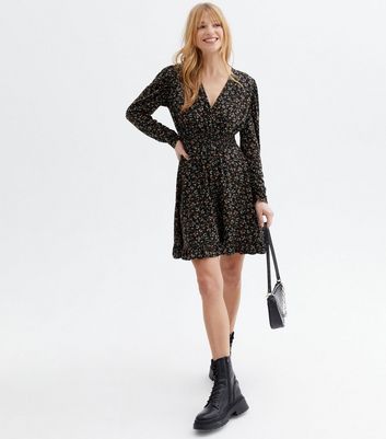 Black Ditsy Floral Shirred Frill Mini 