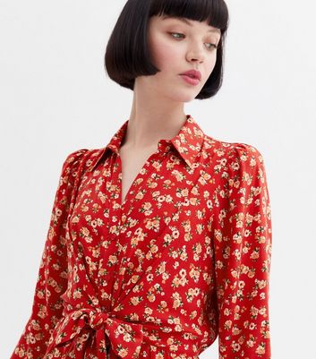 Damen Bekleidung Red Ditsy Floral Tie Front Mini Shirt Dress Damen Bekleidung Red Ditsy Floral Tie Front Mini Shirt Dress