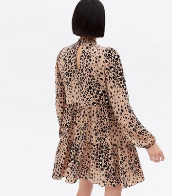 Click to view product details and reviews for Brown Leopard Print High Neck Tiered Mini Smock Dress New Look.