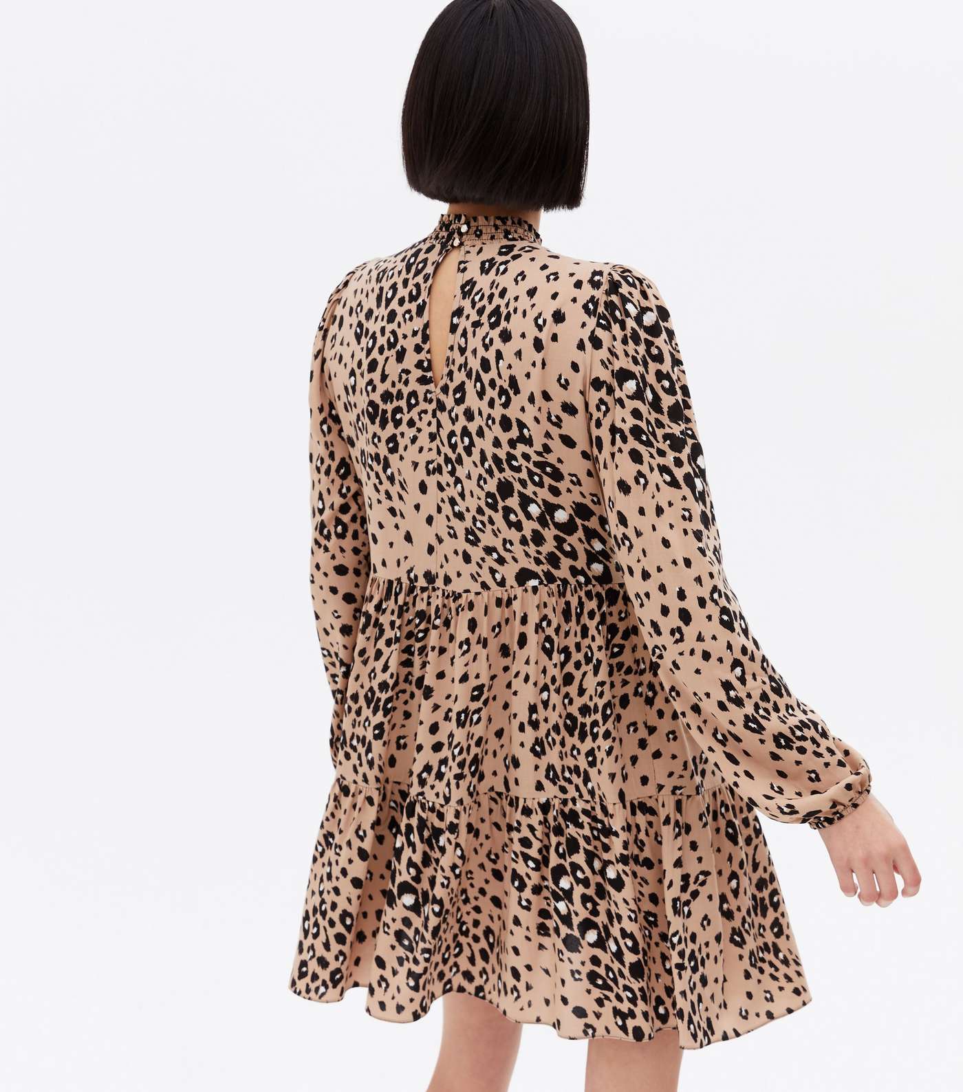 Brown Leopard Print High Neck Tiered Mini Smock Dress Image 4