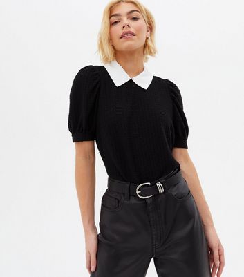 Black Textured Contrast Collar Top | New Look