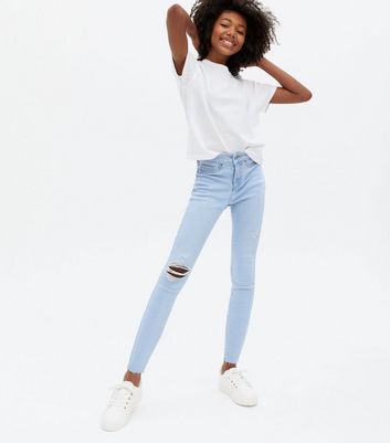 Girls Pale Blue Ripped High Waist Hallie Super Skinny Jeans | New Look