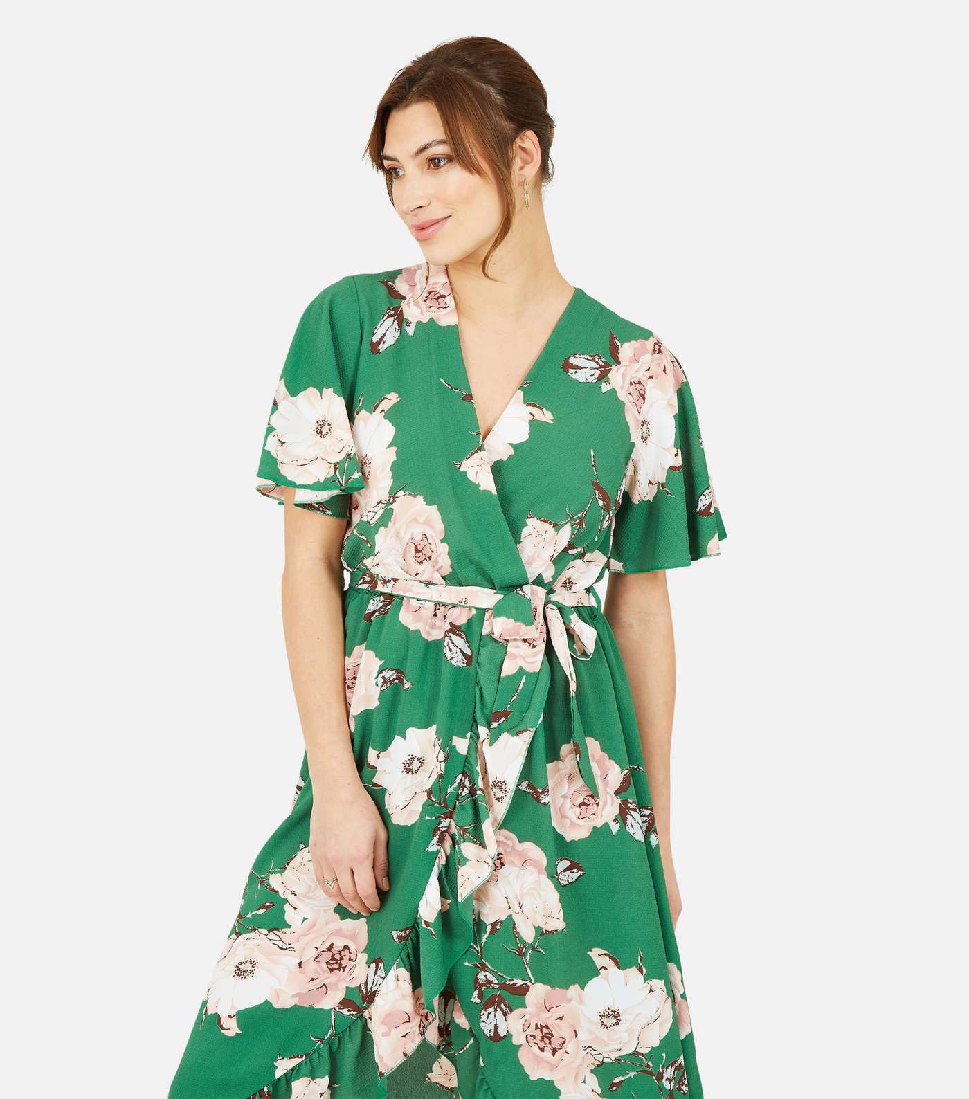 Mela Green Floral Frill Midi Wrap Dress Image 2