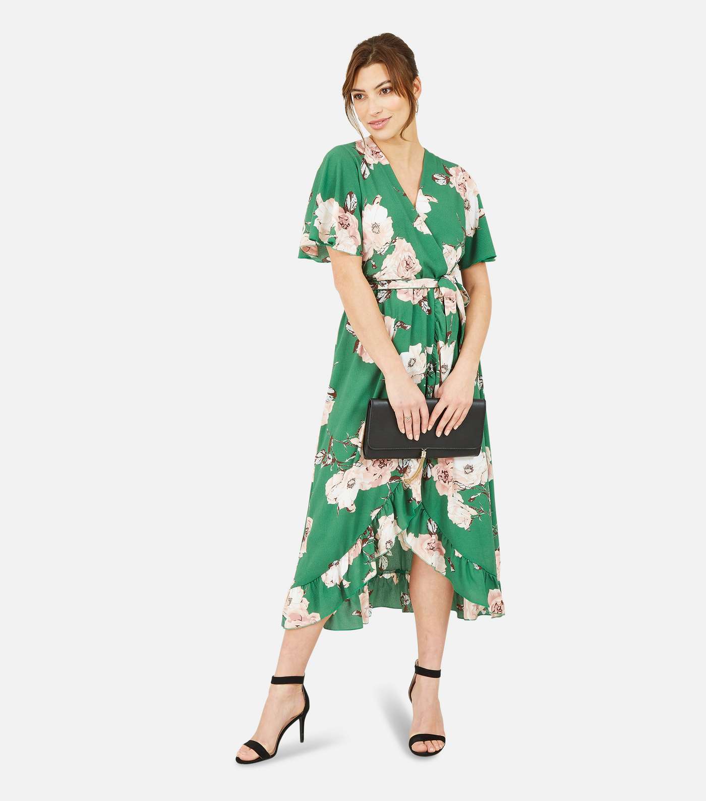 Mela Green Floral Frill Midi Wrap Dress Image 4