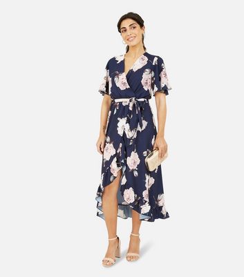 Mela Navy Floral Frill Midi Wrap Dress New Look