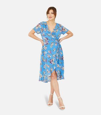 Yumi Blue Floral Frill Midi Wrap Dress New Look