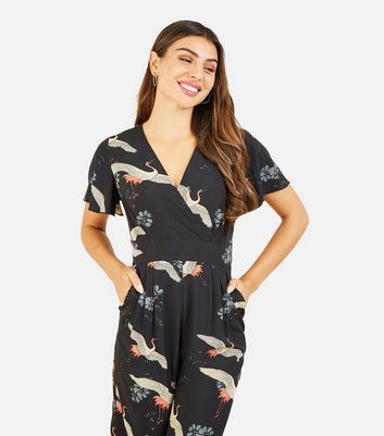 Womens Clothing Jumpsuits and rompers Full-length jumpsuits and rompers Yumi Synthetic Black Bird Print Wide Leg Wrap Jumpsuit New Look 