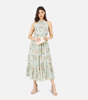 Yumi Mint Green Floral Bird Halter Neck Midi Dress New Look