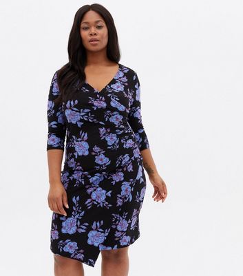 Blue Vanilla Curves Blue Floral Ruched Wrap Dress New Look