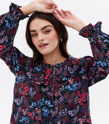 Black Floral Frill Collar Blouse New Look