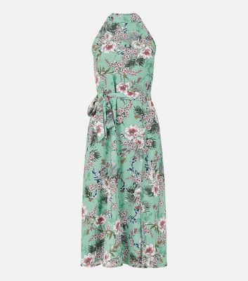 Yumi Green Tropical Floral Halter Neck Split Midi Dress New Look