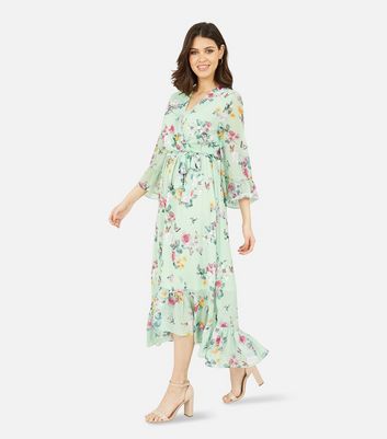 Yumi Green Floral Frill Midi Wrap Dress New Look