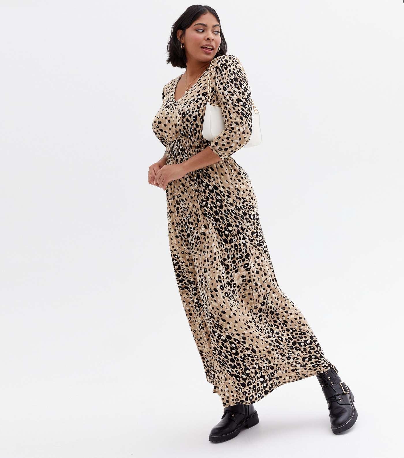 Curves Brown Leopard Print Shirred Midi Dress Image 2