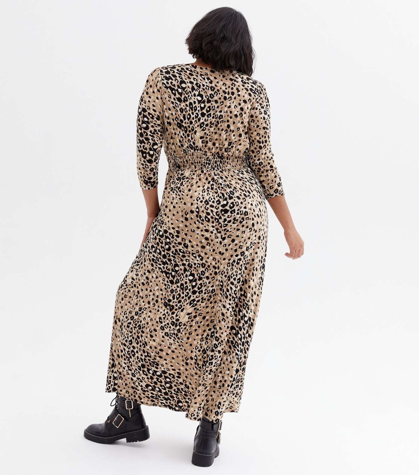 Curves Brown Leopard Print Shirred Midi Dress Image 4