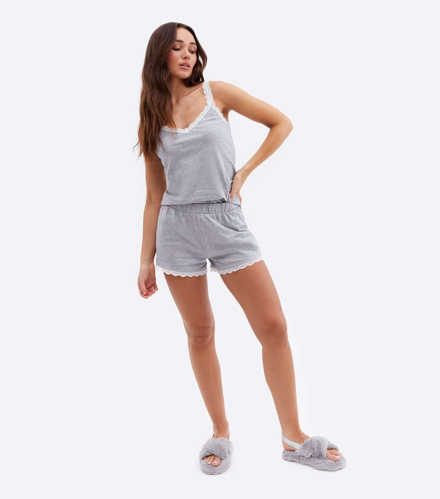 Grey Short Pyjama Set with Scallop Lace Trim Image 2