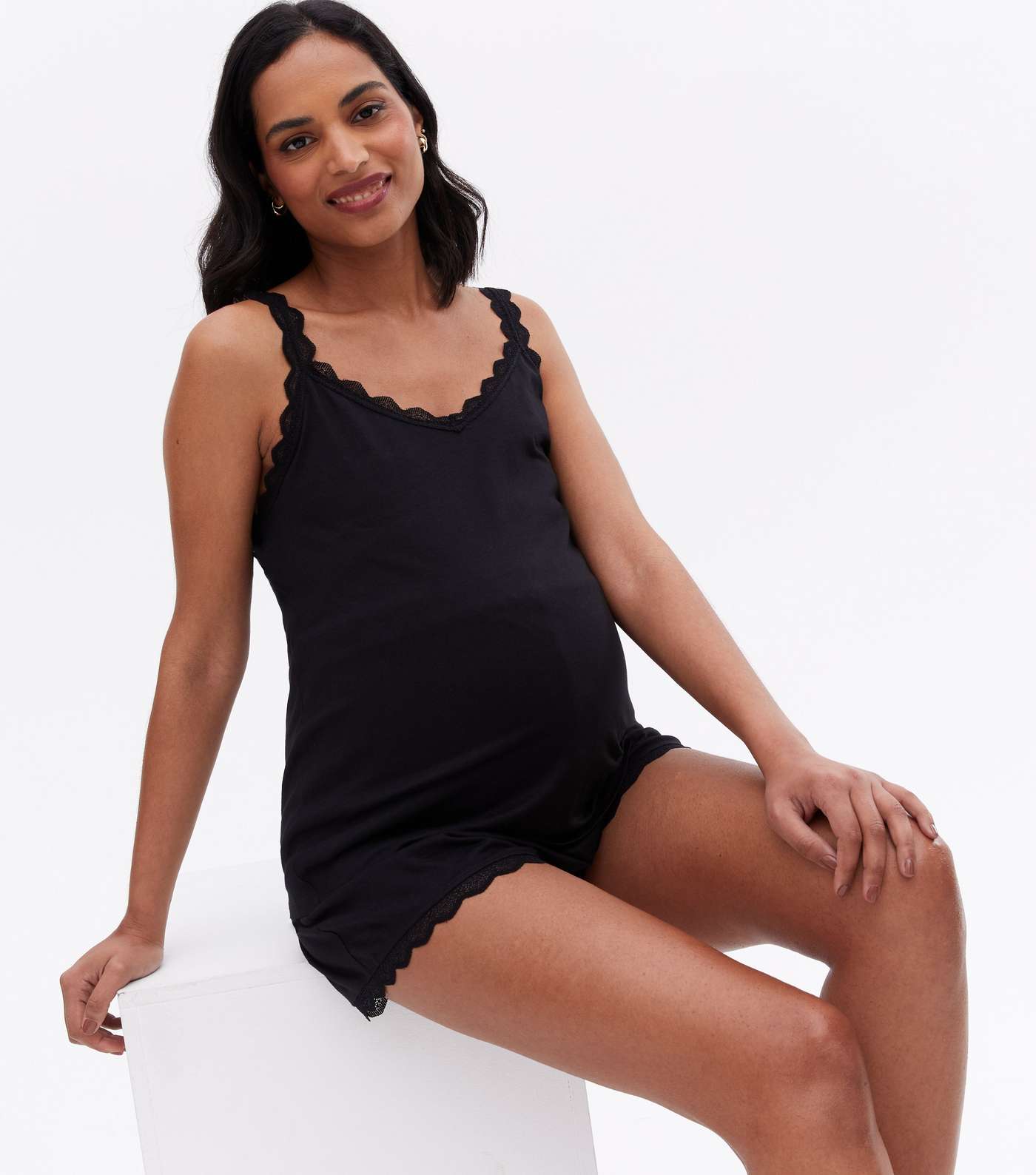 Maternity Black Short Pyjama Set with Scallop Lace Trim