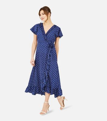Yumi Navy Spot Frill Midi Wrap Dress 