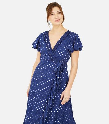 Yumi Navy Spot Frill Midi Wrap Dress New Look