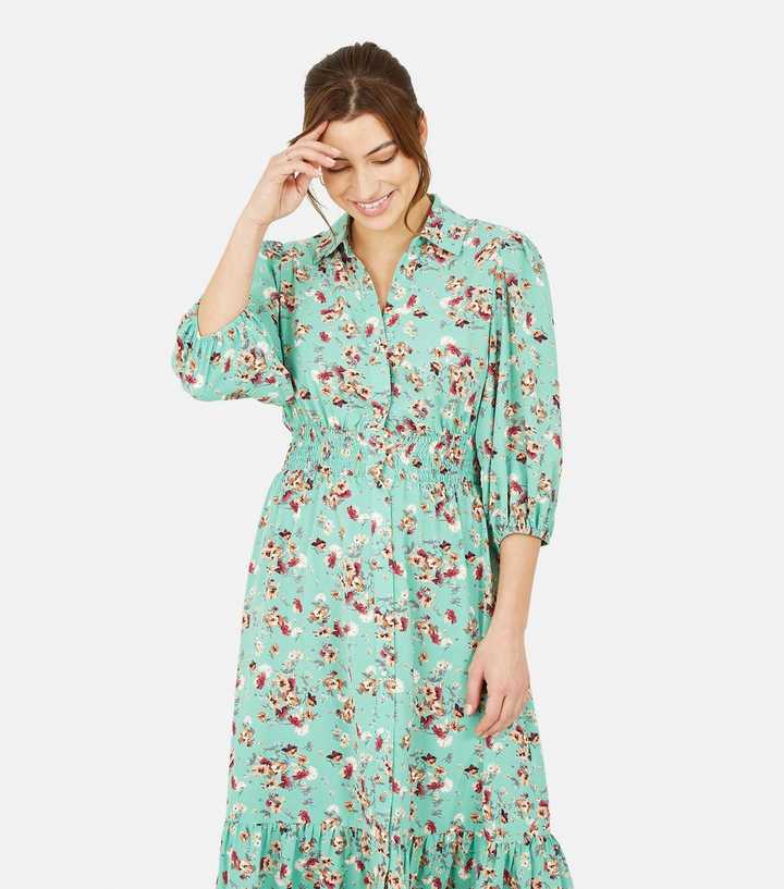 Olive Floral Long Sleeve Belted Shirt Midi Dress In Dark Orange And Green -  New In from Yumi UK